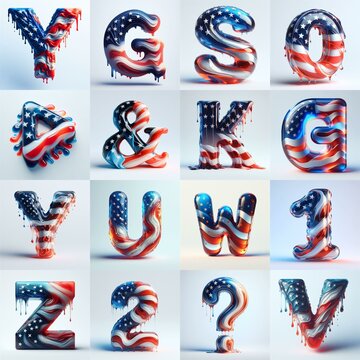 glass letters in color USA flag 3D Lettering Typeface. AI generated illustration