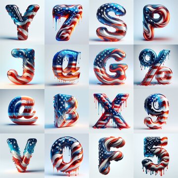 glass letters in color USA flag 3D Lettering Typeface. AI generated illustration