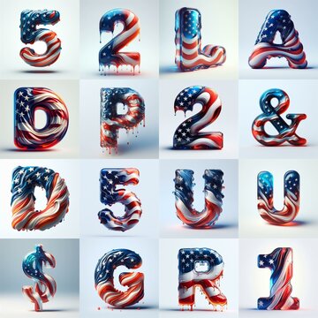 glass letters in color USA flag 3D Lettering Typeface. AI generated illustration