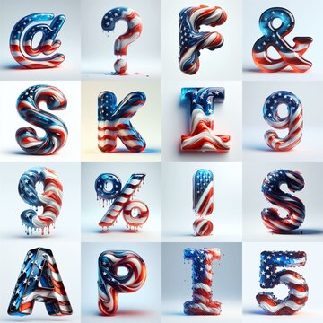 glass letters in color USA flag 3D Lettering Typeface. AI generated illustration