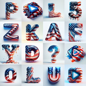 glass letters in color USA flag 3D Lettering Typeface. AI generated illustration