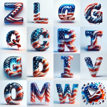 glass letters in color USA flag 3D Lettering Typeface. AI generated illustration