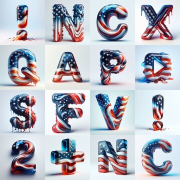 glass letters in color USA flag 3D Lettering Typeface. AI generated illustration