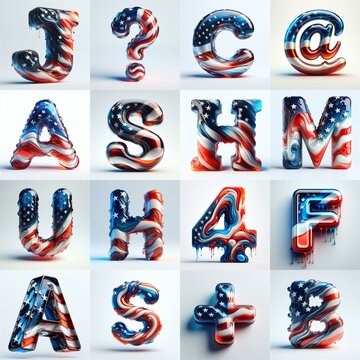 glass letters in color USA flag 3D Lettering Typeface. AI generated illustration