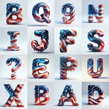 glass letters in color USA flag 3D Lettering Typeface. AI generated illustration