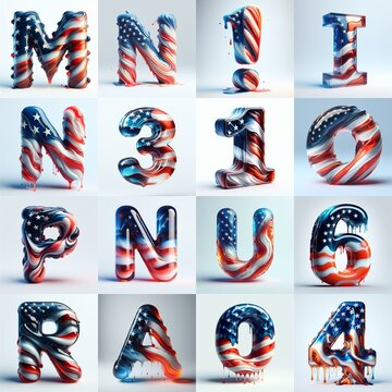 glass letters in color USA flag 3D Lettering Typeface. AI generated illustration