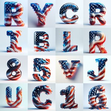 glass letters in color USA flag 3D Lettering Typeface. AI generated illustration