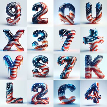 glass letters in color USA flag 3D Lettering Typeface. AI generated illustration