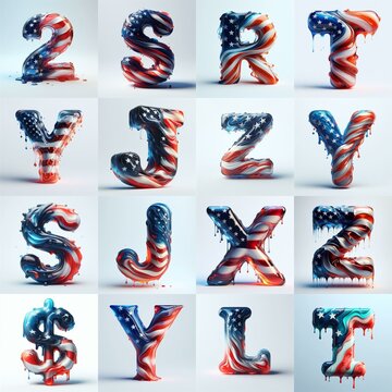 glass letters in color USA flag 3D Lettering Typeface. AI generated illustration