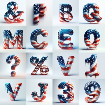 glass letters in color USA flag 3D Lettering Typeface. AI generated illustration