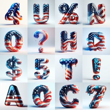 glass letters in color USA flag 3D Lettering Typeface. AI generated illustration