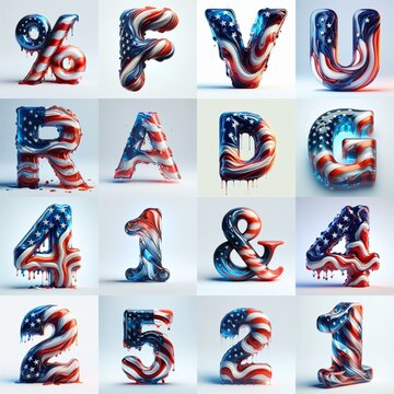 glass letters in color USA flag 3D Lettering Typeface. AI generated illustration