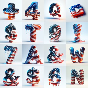 glass letters in color USA flag 3D Lettering Typeface. AI generated illustration