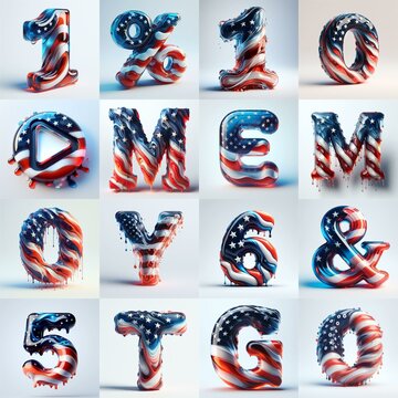 glass letters in color USA flag 3D Lettering Typeface. AI generated illustration