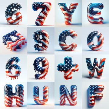 glass letters in color USA flag 3D Lettering Typeface. AI generated illustration