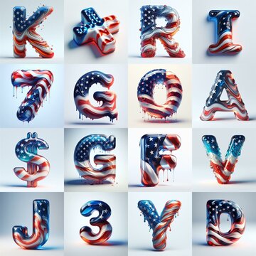 glass letters in color USA flag 3D Lettering Typeface. AI generated illustration