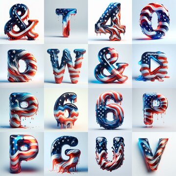 glass letters in color USA flag 3D Lettering Typeface. AI generated illustration
