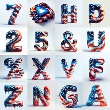 glass letters in color USA flag 3D Lettering Typeface. AI generated illustration