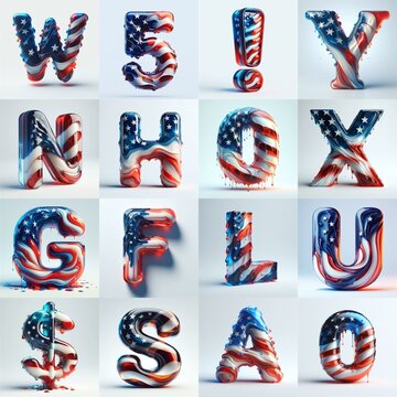 glass letters in color USA flag 3D Lettering Typeface. AI generated illustration