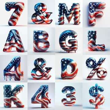 glass letters in color USA flag 3D Lettering Typeface. AI generated illustration