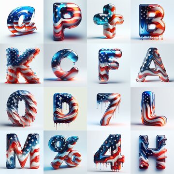 glass letters in color USA flag 3D Lettering Typeface. AI generated illustration