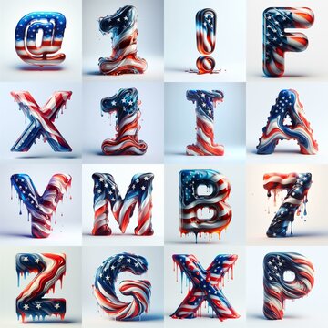 glass letters in color USA flag 3D Lettering Typeface. AI generated illustration