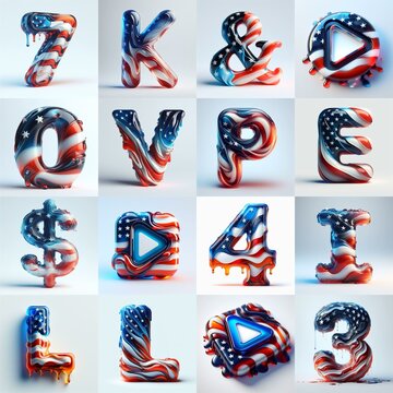 glass letters in color USA flag 3D Lettering Typeface. AI generated illustration