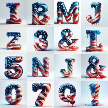 glass letters in color USA flag 3D Lettering Typeface. AI generated illustration