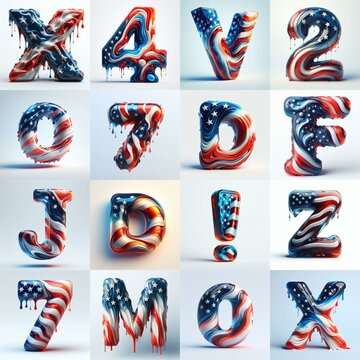 glass letters in color USA flag 3D Lettering Typeface. AI generated illustration