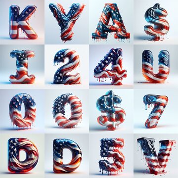 glass letters in color USA flag 3D Lettering Typeface. AI generated illustration