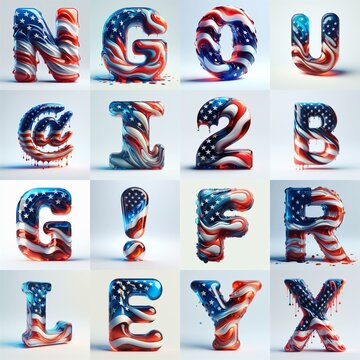 glass letters in color USA flag 3D Lettering Typeface. AI generated illustration