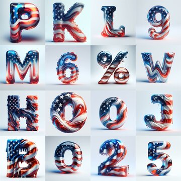 glass letters in color USA flag 3D Lettering Typeface. AI generated illustration