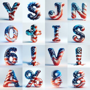 glass letters in color USA flag 3D Lettering Typeface. AI generated illustration