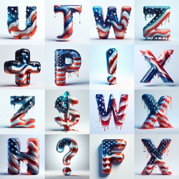 glass letters in color USA flag 3D Lettering Typeface. AI generated illustration