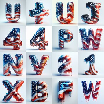 glass letters in color USA flag 3D Lettering Typeface. AI generated illustration