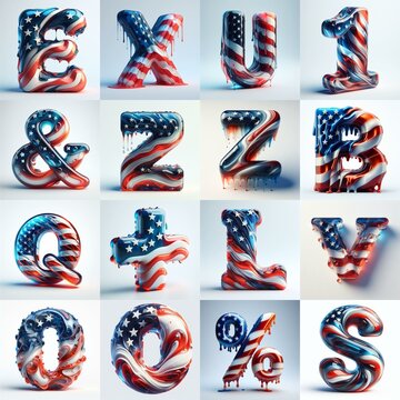 glass letters in color USA flag 3D Lettering Typeface. AI generated illustration