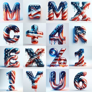 glass letters in color USA flag 3D Lettering Typeface. AI generated illustration