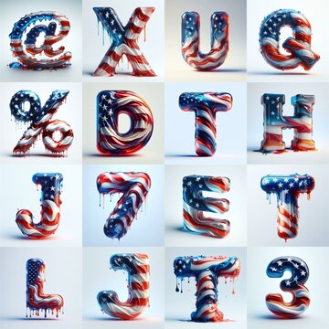 glass letters in color USA flag 3D Lettering Typeface. AI generated illustration