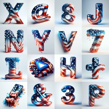 glass letters in color USA flag 3D Lettering Typeface. AI generated illustration