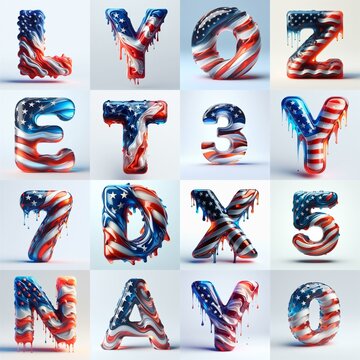 glass letters in color USA flag 3D Lettering Typeface. AI generated illustration