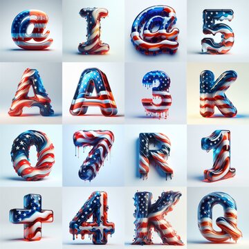 glass letters in color USA flag 3D Lettering Typeface. AI generated illustration