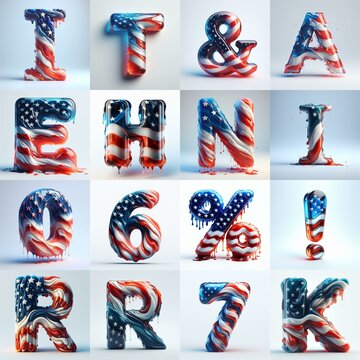 glass letters in color USA flag 3D Lettering Typeface. AI generated illustration