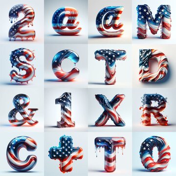 glass letters in color USA flag 3D Lettering Typeface. AI generated illustration