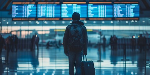 Flying by plane, a traveler with a backpack and luggage strolling through the airport and checking the departure details.