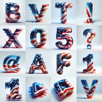 glass letters in color USA flag 3D Lettering Typeface. AI generated illustration