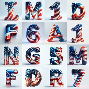 glass letters in color USA flag 3D Lettering Typeface. AI generated illustration