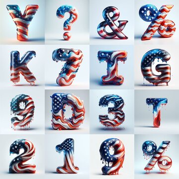 glass letters in color USA flag 3D Lettering Typeface. AI generated illustration