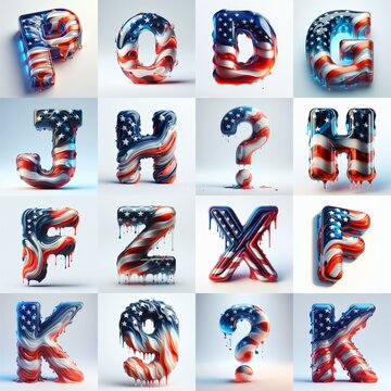 glass letters in color USA flag 3D Lettering Typeface. AI generated illustration
