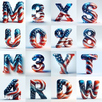 glass letters in color USA flag 3D Lettering Typeface. AI generated illustration