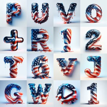 glass letters in color USA flag 3D Lettering Typeface. AI generated illustration